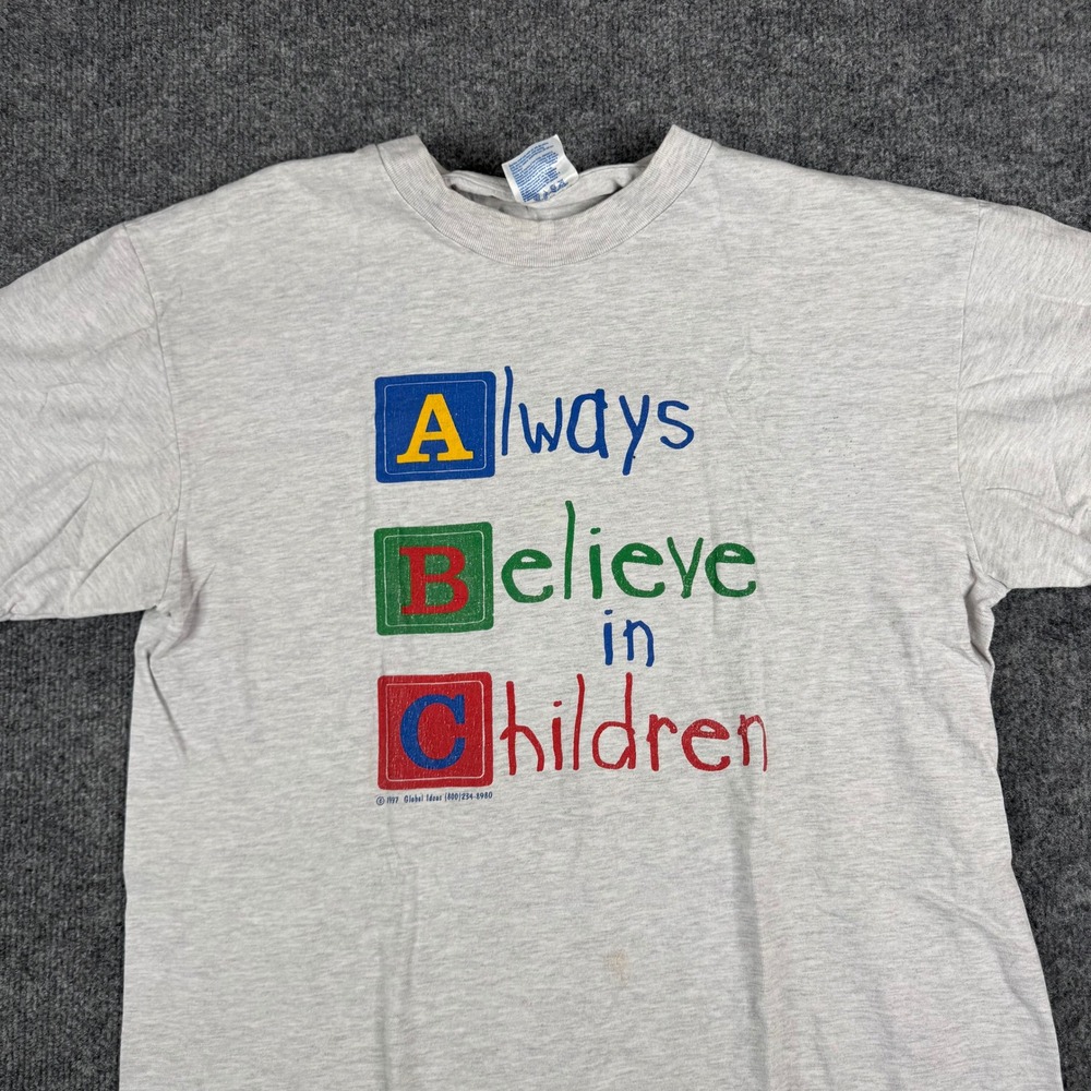 Hanes T-Shirt Mens Size L Gray Always Believe In Children ABC Vintage 1997 USA